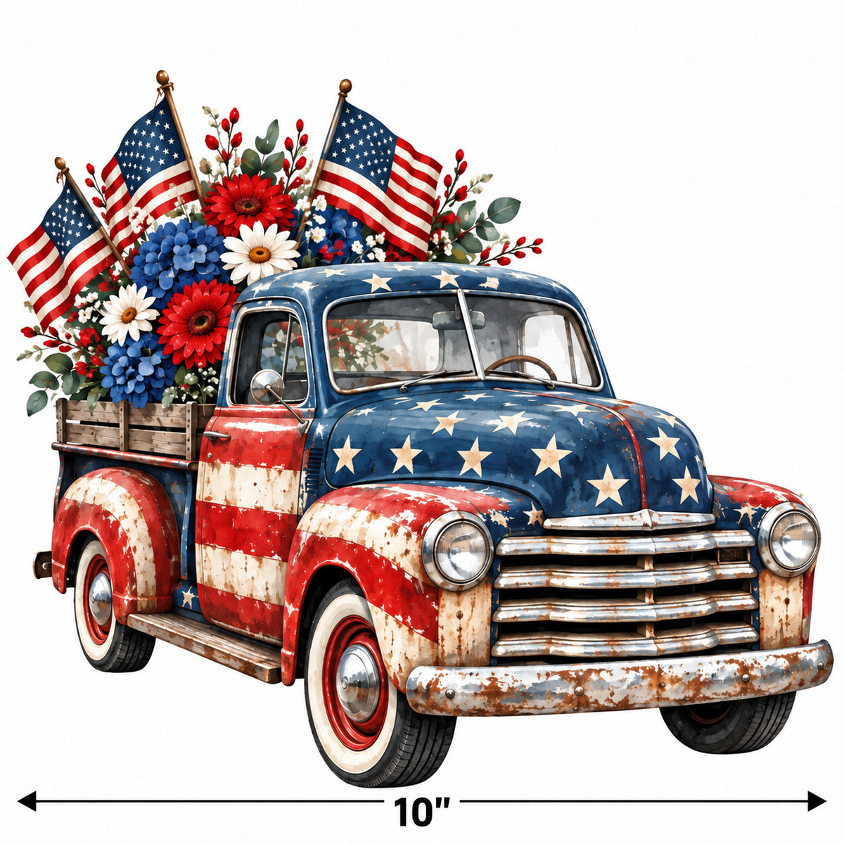 4pcs 10" Patriotic Vintage Truck DTF PNG Flag Flowers Iron On