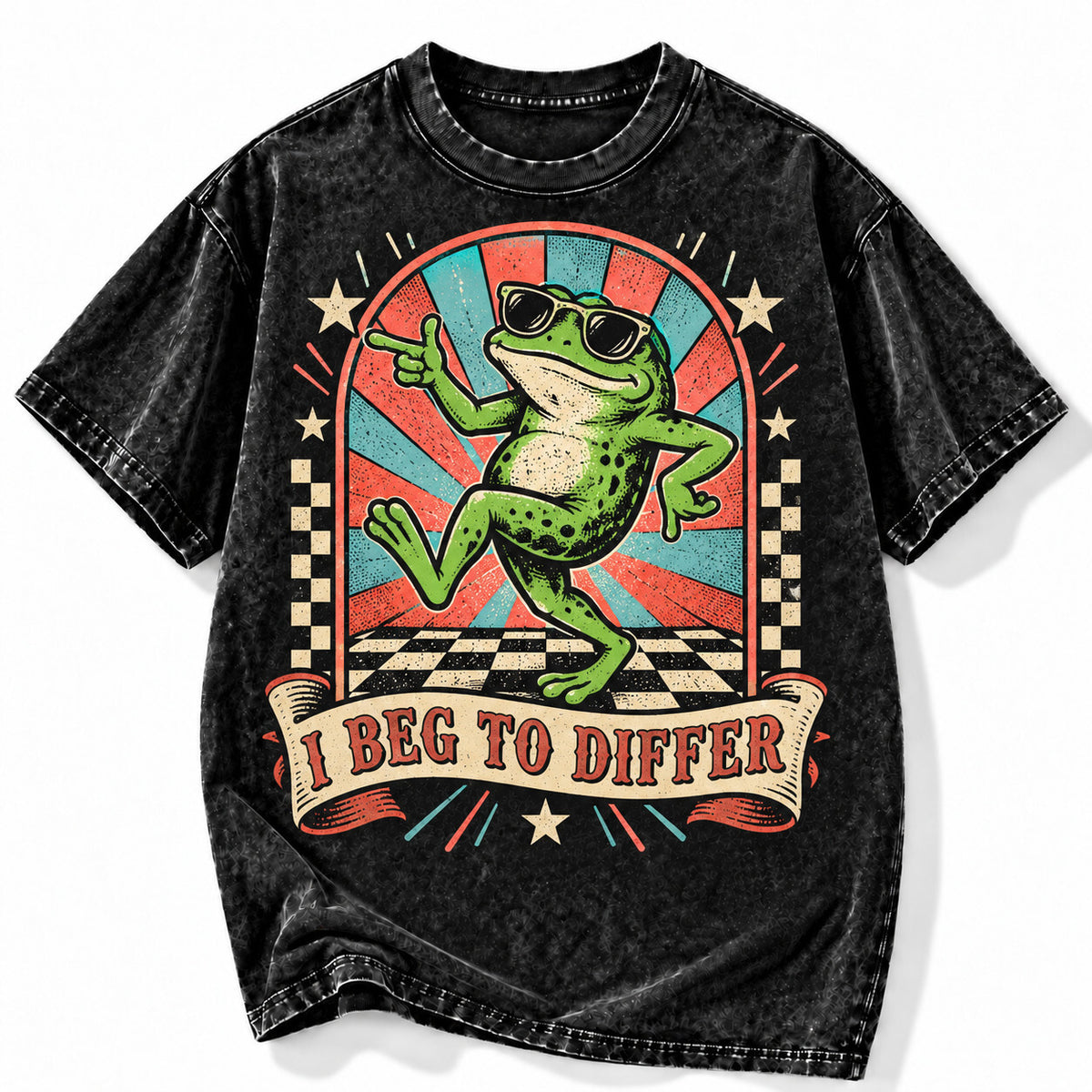 I Beg to Differ Frog Acid Wash Shirt Funny Retro Dancing Graphic Tee