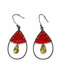 Vintage Artisan Wire Wrapped Red Bead & Olive Green Glass Teardrop Dangle