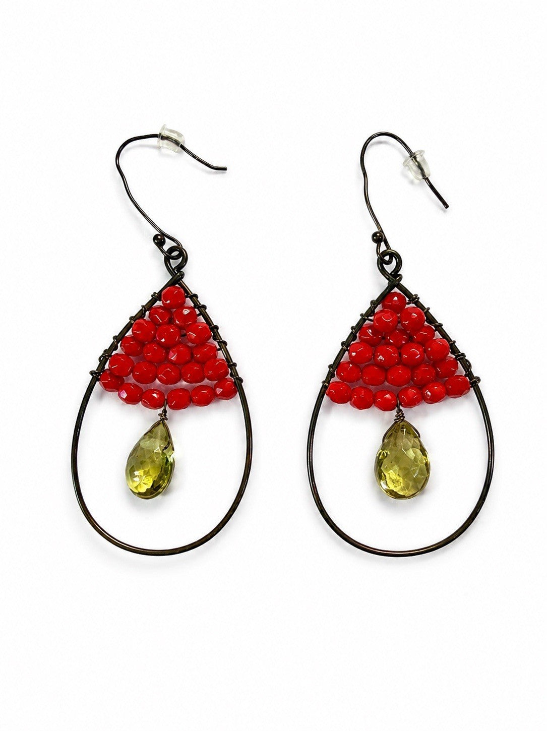Vintage Artisan Wire Wrapped Red Bead & Olive Green Glass Teardrop Dangle