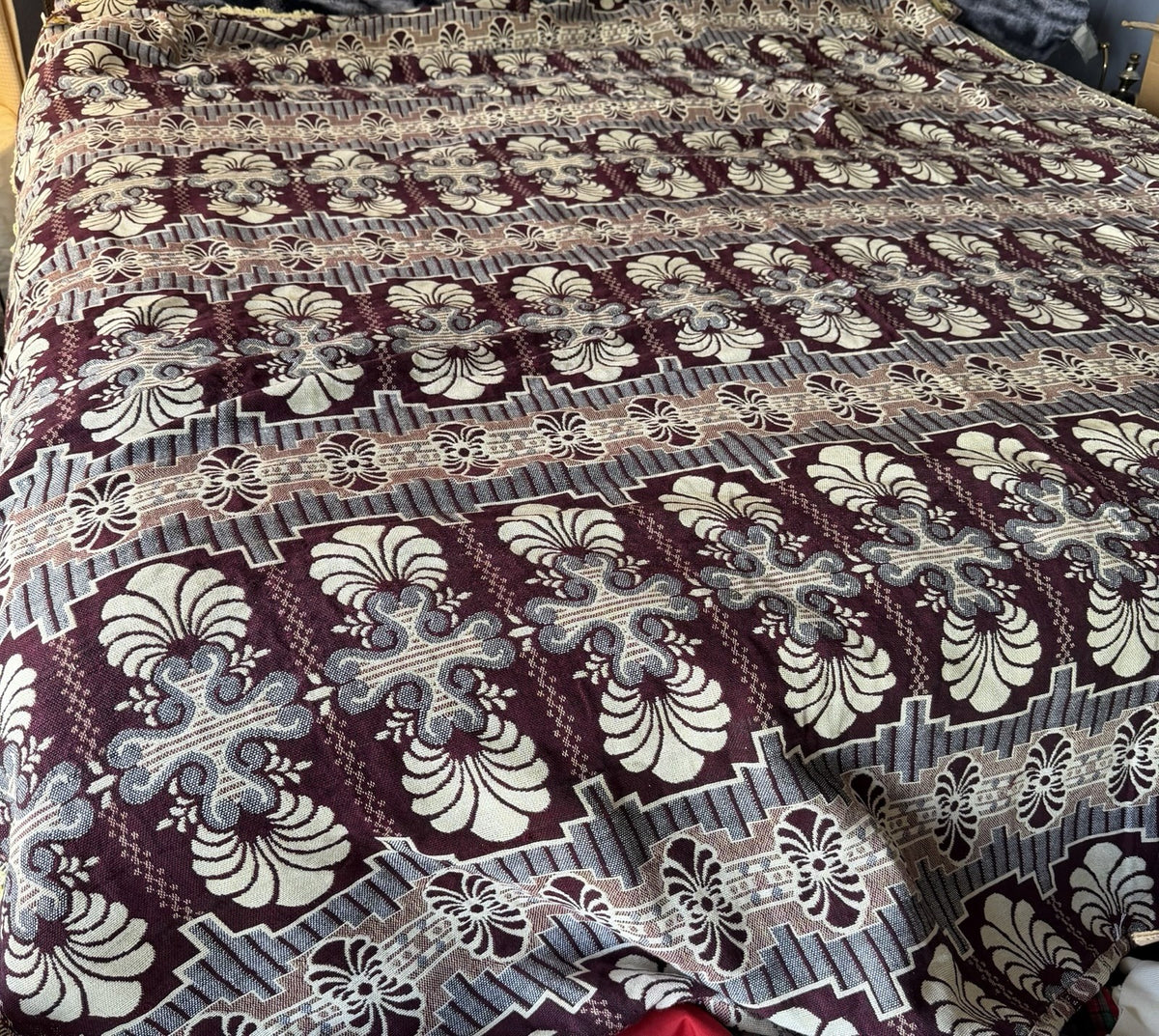 Vintage Yuejihua Tianjin Wool Blanket Burgundy Floral Jacquard 90x82