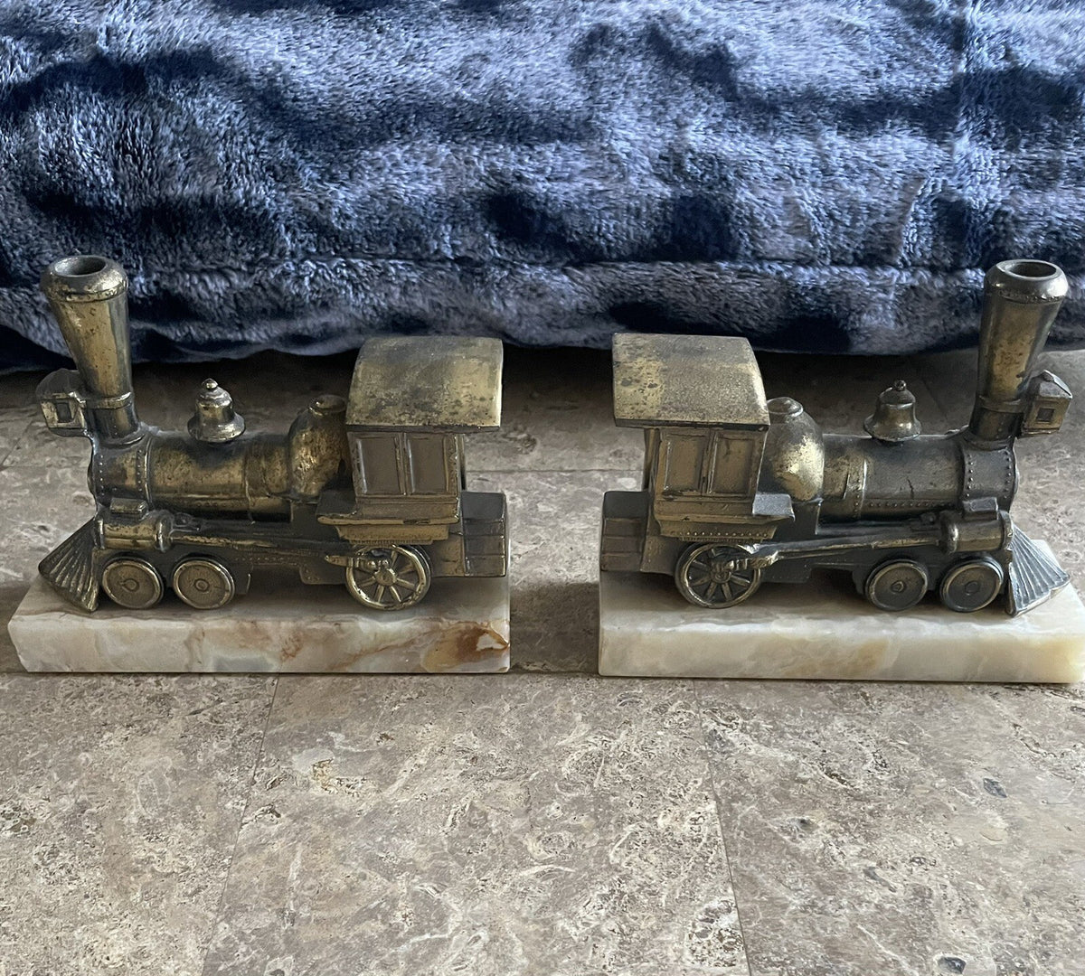 Set of 2 Brass Steam Engine Train Locomotive Bookends Featuring a Marble Base