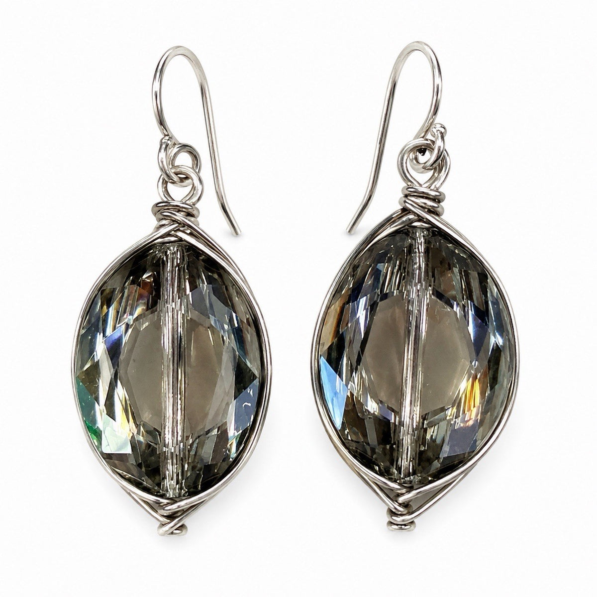 Vintage Unique Gray Faceted Glass Drop Earrings Silver Tone Wire Wrapped Dangle