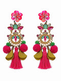 Vintage Boho Statement Tassel Earrings Pink Floral Crystal Beaded Dang