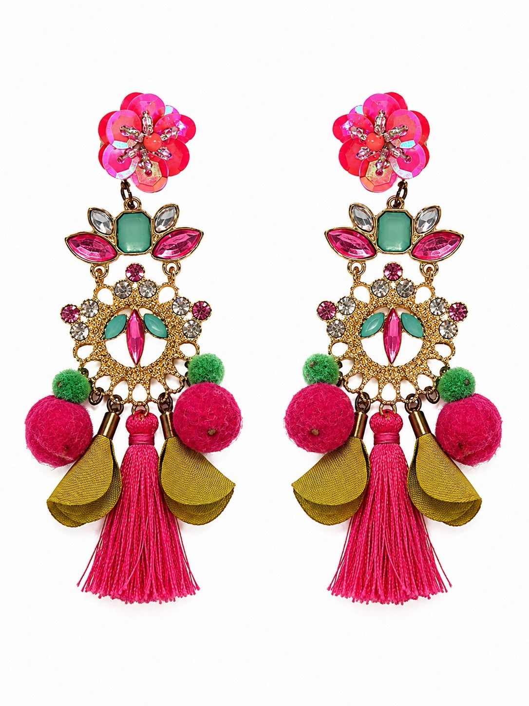 Vintage Boho Statement Tassel Earrings Pink Floral Crystal Beaded Dang