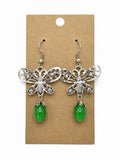 Silver Tone Dragonfly Dangle Earrings Green Bead Rhinestone Nature Boho