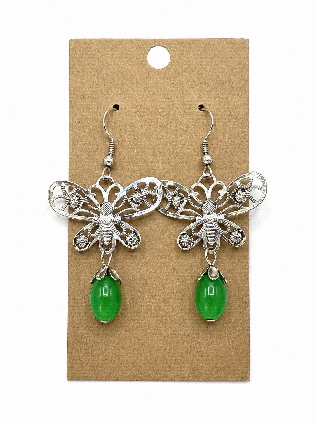 Silver Tone Dragonfly Dangle Earrings Green Bead Rhinestone Nature Boho