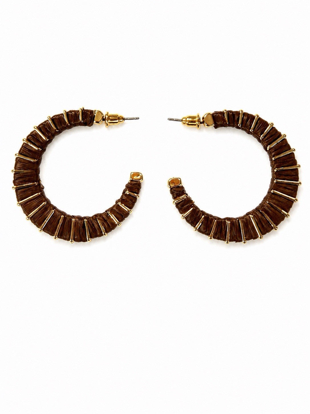 Brown Wrapped Gold Tone Open Hoop Earrings Boho Statement Textured Lightweight