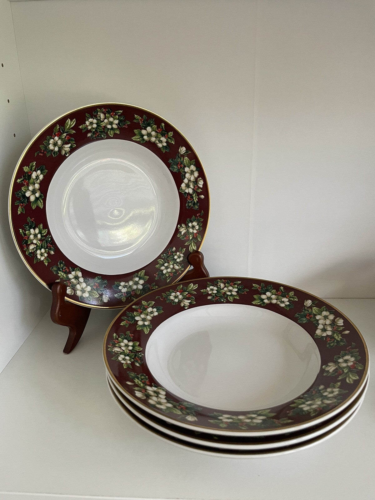 Set of 4 Sakura Splendor Burgundy 8" Coupe Soup Bowls - Holly On Burgundy
