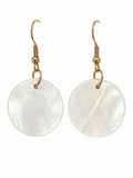 White Mother of Pearl Shell Disc Dangle Earrings Gold Tone Lightweight