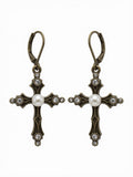 Vintage Cross Earrings Pearl Rhinestone Dangle Bronze Leverback