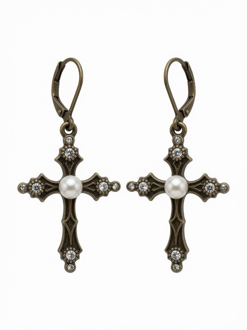 Vintage Cross Earrings Pearl Rhinestone Dangle Bronze Leverback