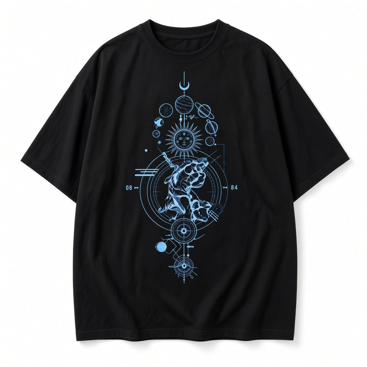 Blue Celestial Compass T-Shirt Black Relaxed Fit Sun Moon Planets Graphic