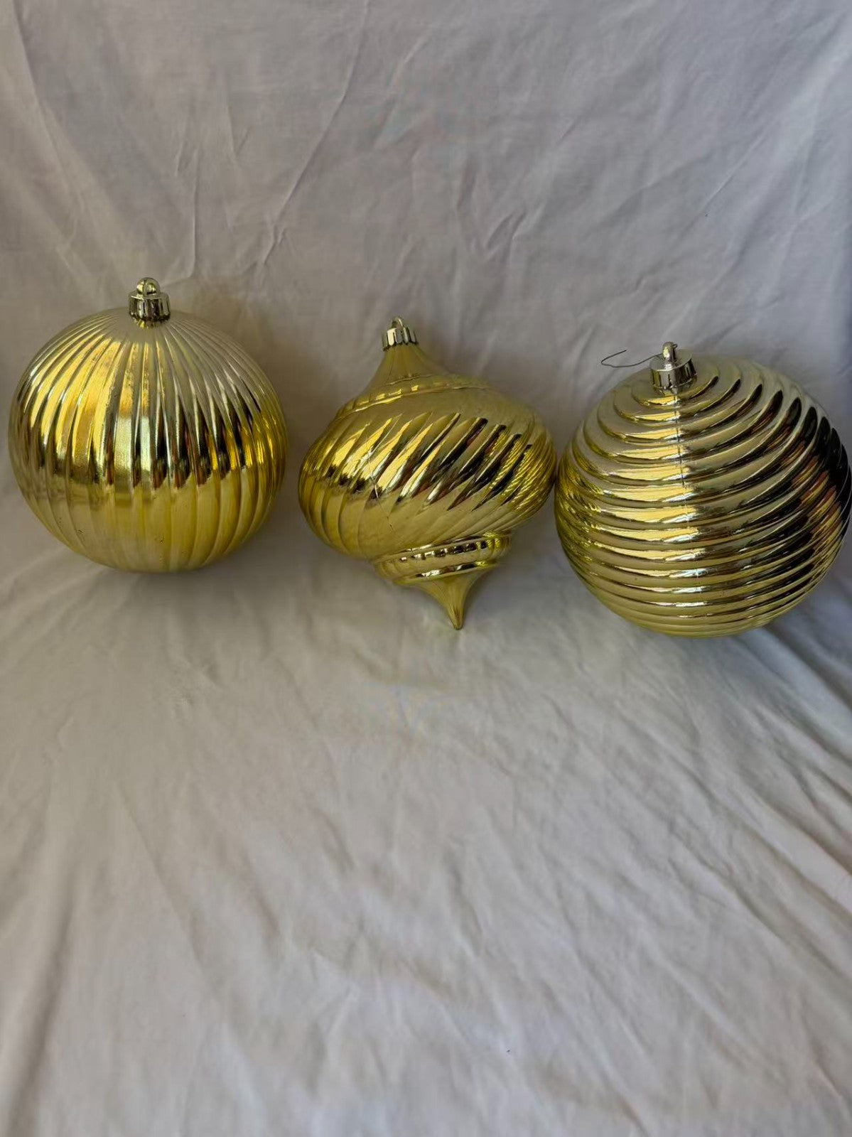 Vintage Gold Ribbed Plastic Christmas Ornaments Set of 3 Large 8”