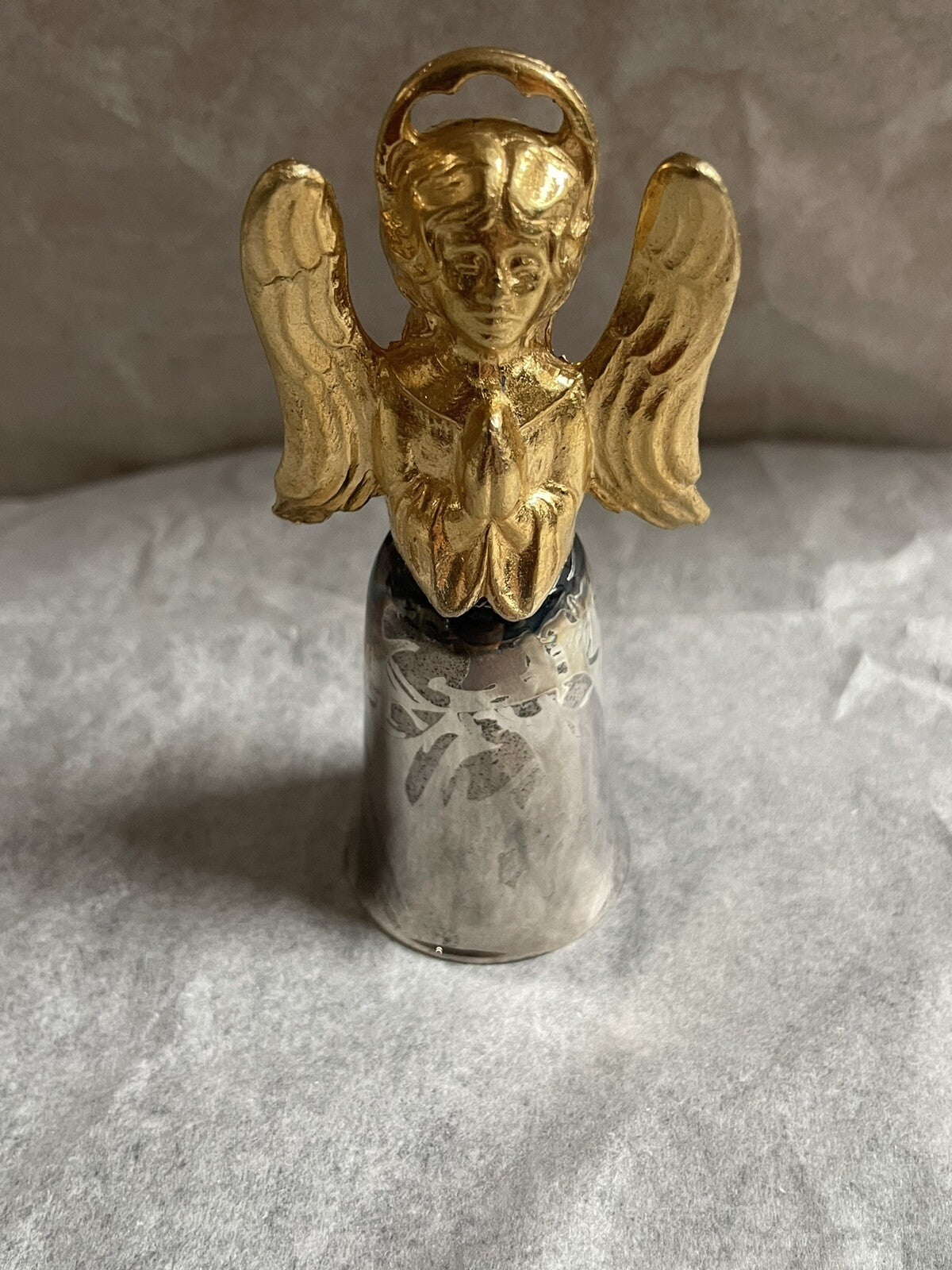 Vintage L.S. CO Silver Angel Bell with Gold-Tone Figurine, Etched Design