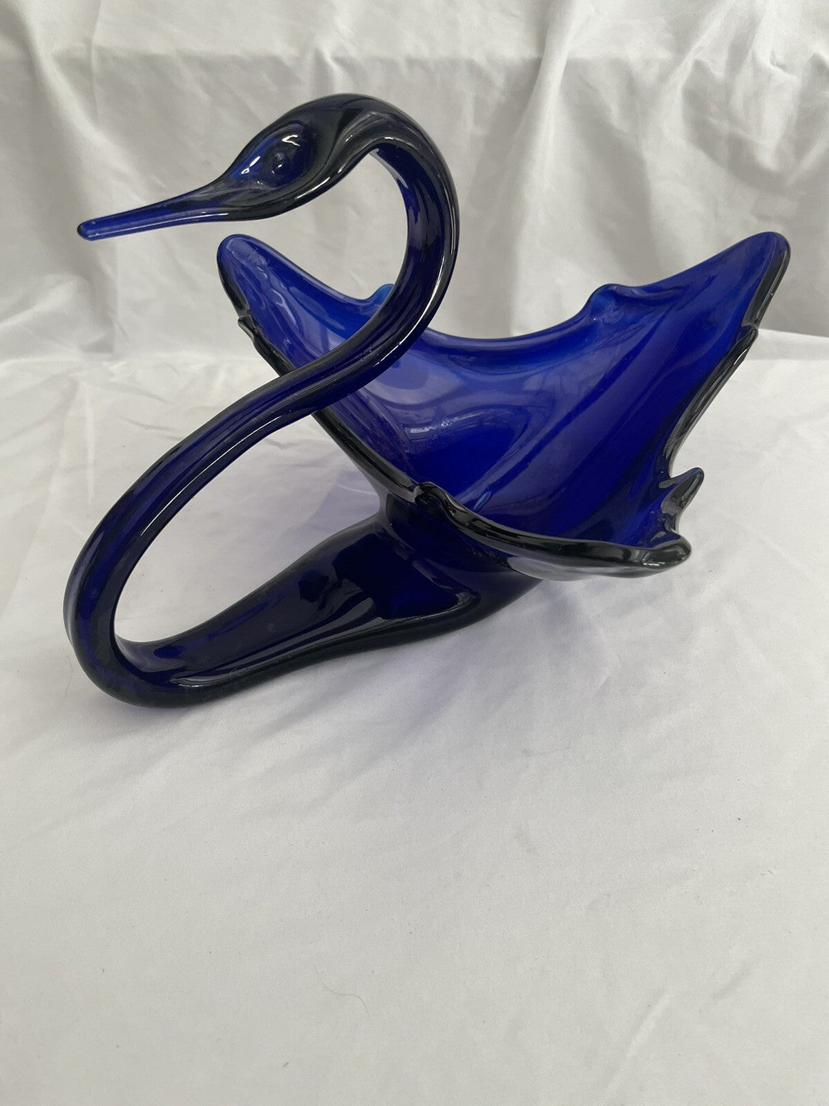 Murano Style Hand Blown Swirl Art Glass Cobalt Blue Swirl Swan Bowl 14.5”