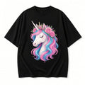 Floral Unicorn Head T-Shirt Black Relaxed Fit Rose Crown Graphic Tee