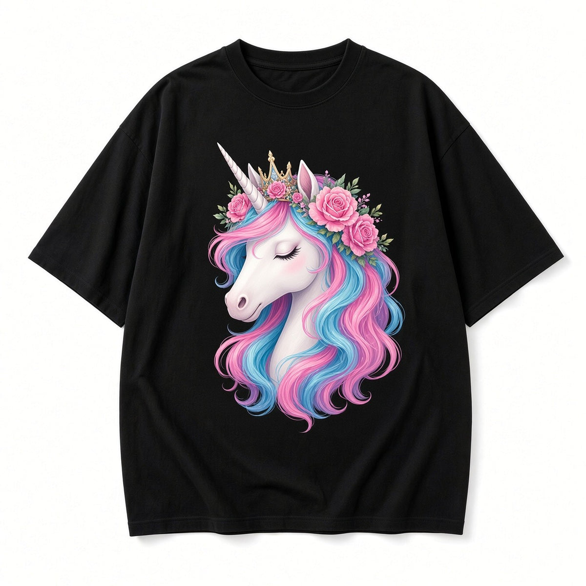 Floral Unicorn Head T-Shirt Black Relaxed Fit Rose Crown Graphic Tee
