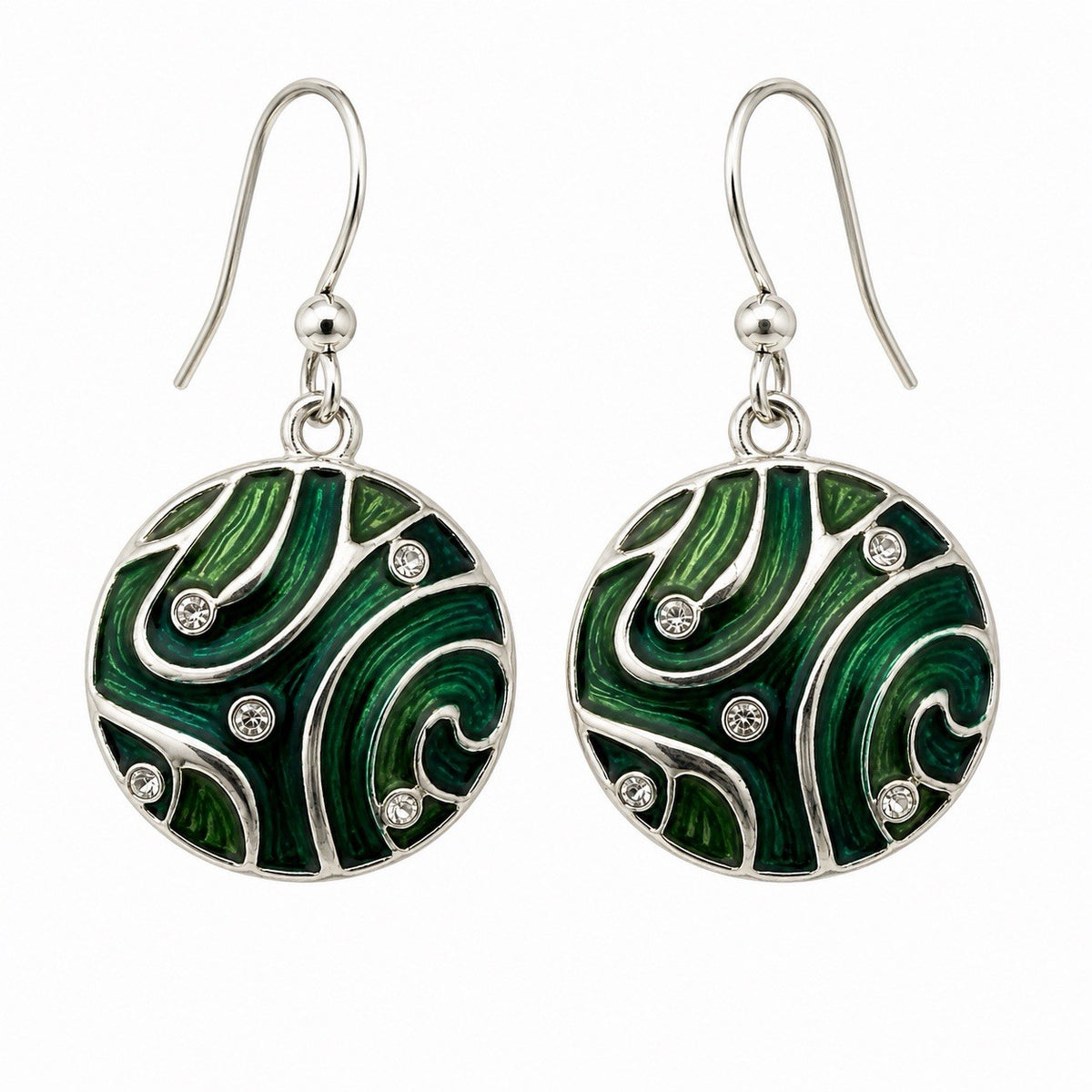 Green Enamel Swirl Round Dangle Earrings Rhinestone Accent Silver Tone Boho