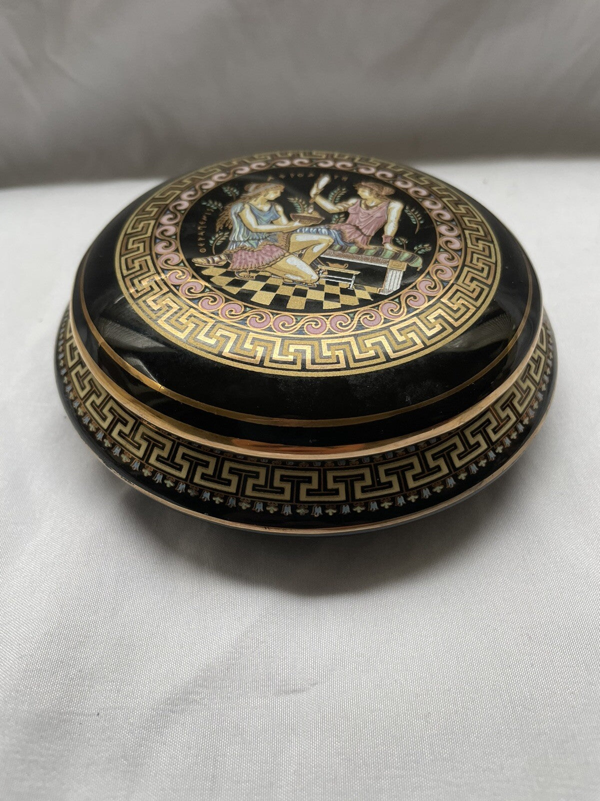 Handmade Greek Porcelain Trinket Box - 24K Gold Accents, Classical Scene