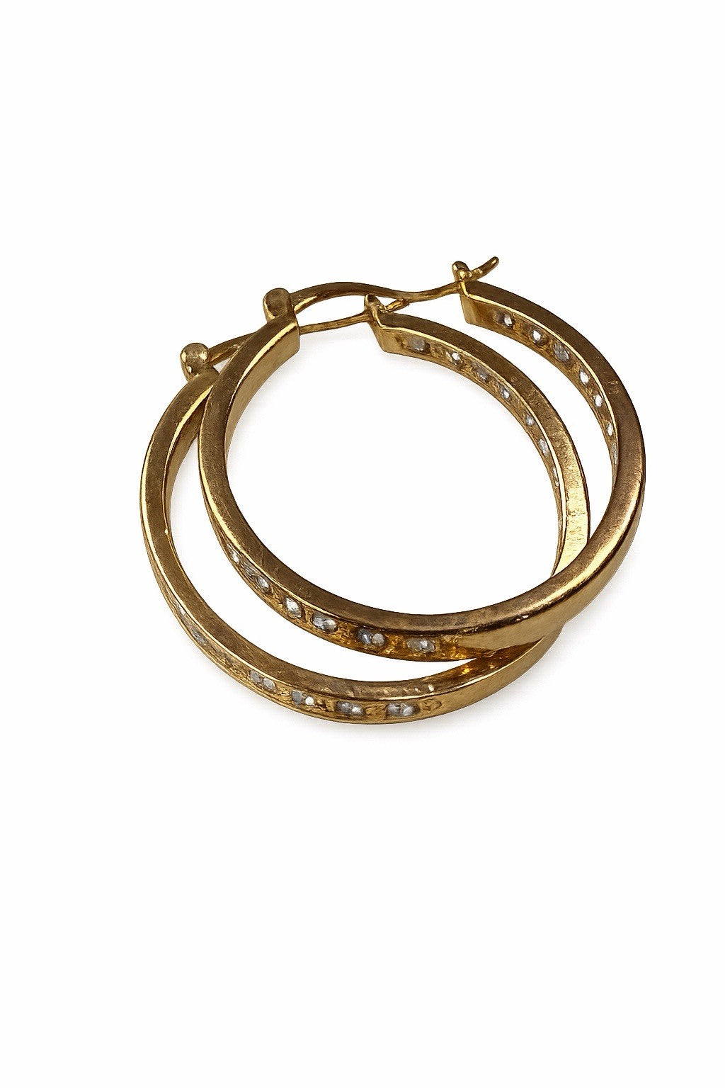 Vintage Gold Tone Oval Hoop Earrings with Clear Rhinestones – Pair