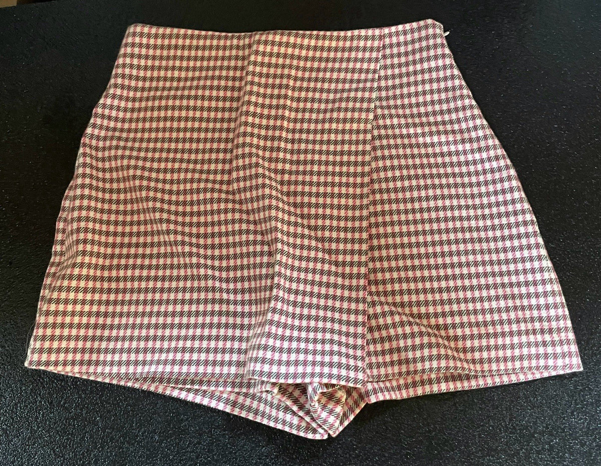 ZARA Women’s Checkered Wrap Skort Pink Black White Size M – Mini Shorts Skirt