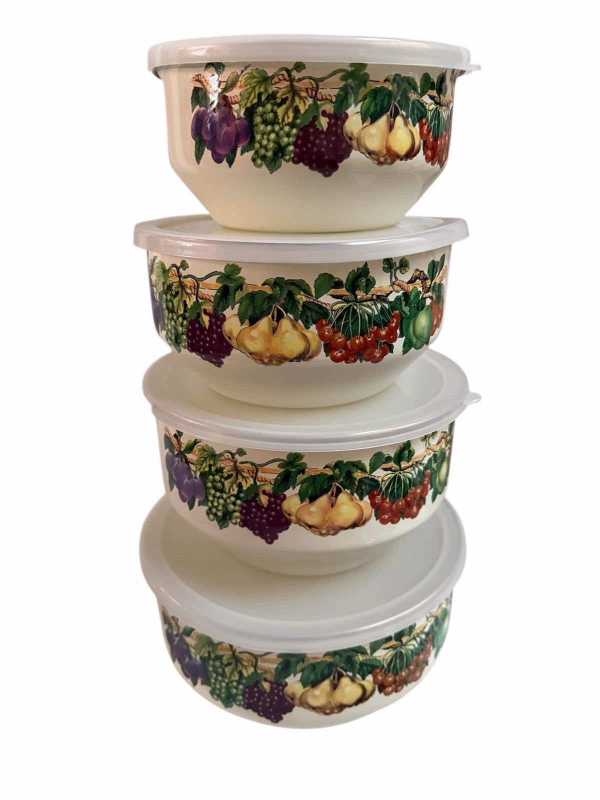 Tabletops Unlimited Enamel Mixing Bowls Set 4 w/ Lids Vintage Fruit Design