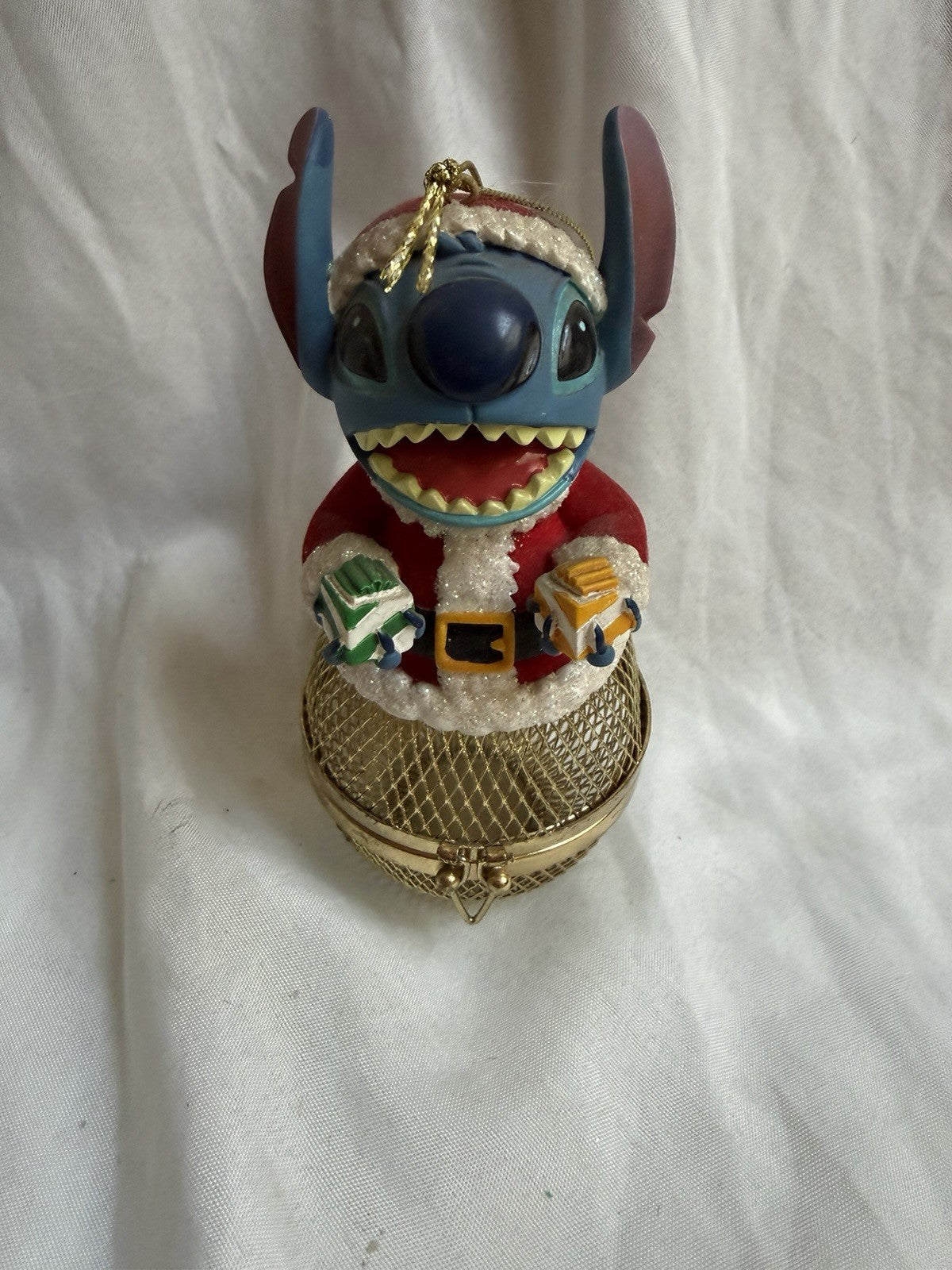 Disney Stitch Christmas Ornament Santa Outfit Gold Mesh Gift Box 6”