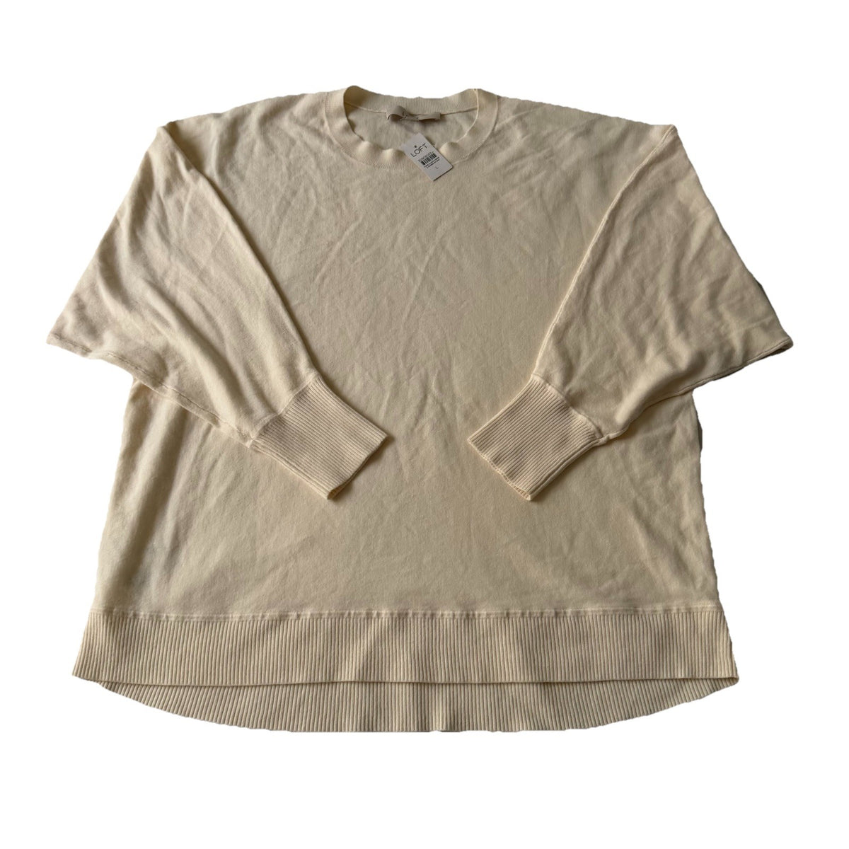 LOFT Cream Ribbed Hem Pullover Sweater Size L 3/4 Sleeve NWT