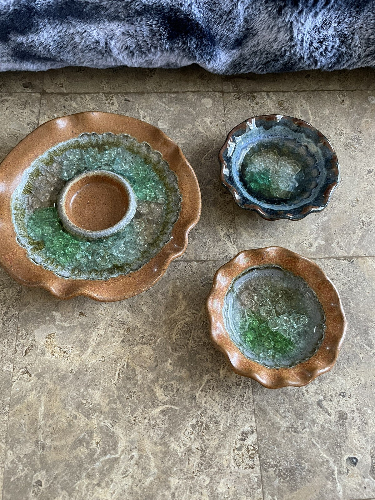 Set of 3 Fused Cracked Glass Dishes in Blue, Green, and Clear - Made in the USA