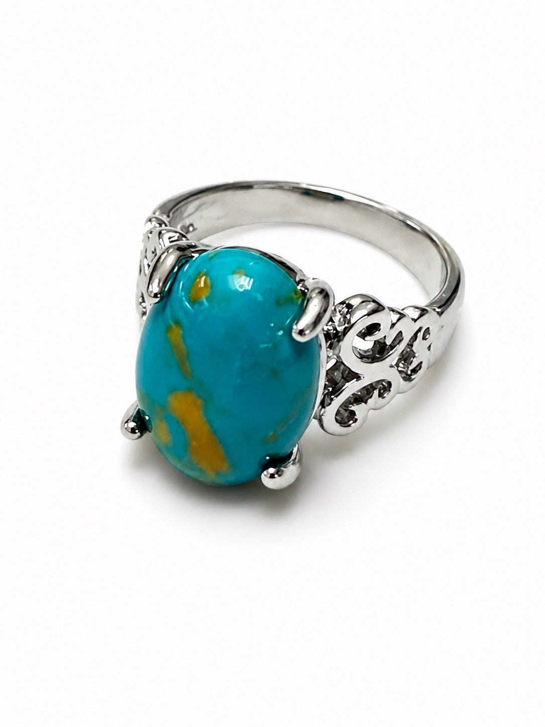 Vintage Turquoise Oval Ring Size 6 Silver Tone Filigree Boho Statement Ri