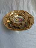 Vintage Gold Luster Porcelain Bowl Set 7pc Hand Painted Roses Floral Scalloped