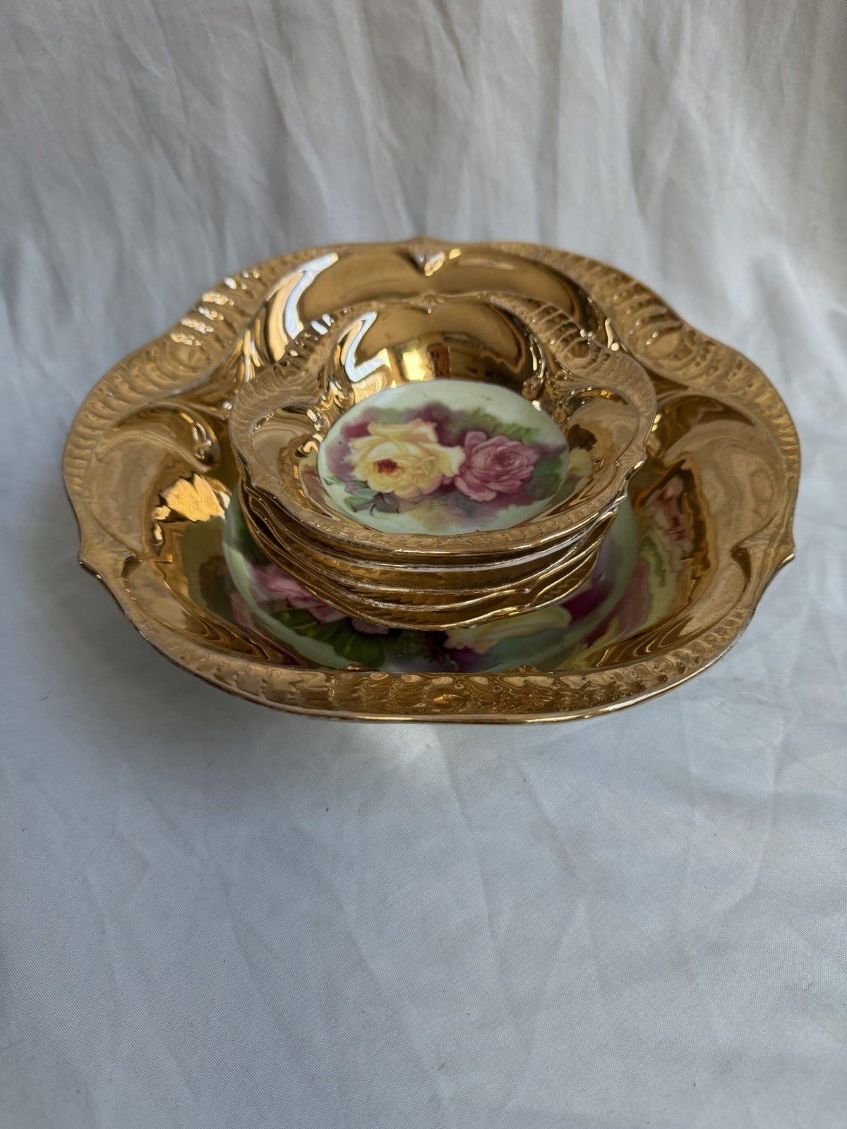 Vintage Gold Luster Porcelain Bowl Set 7pc Hand Painted Roses Floral Scalloped