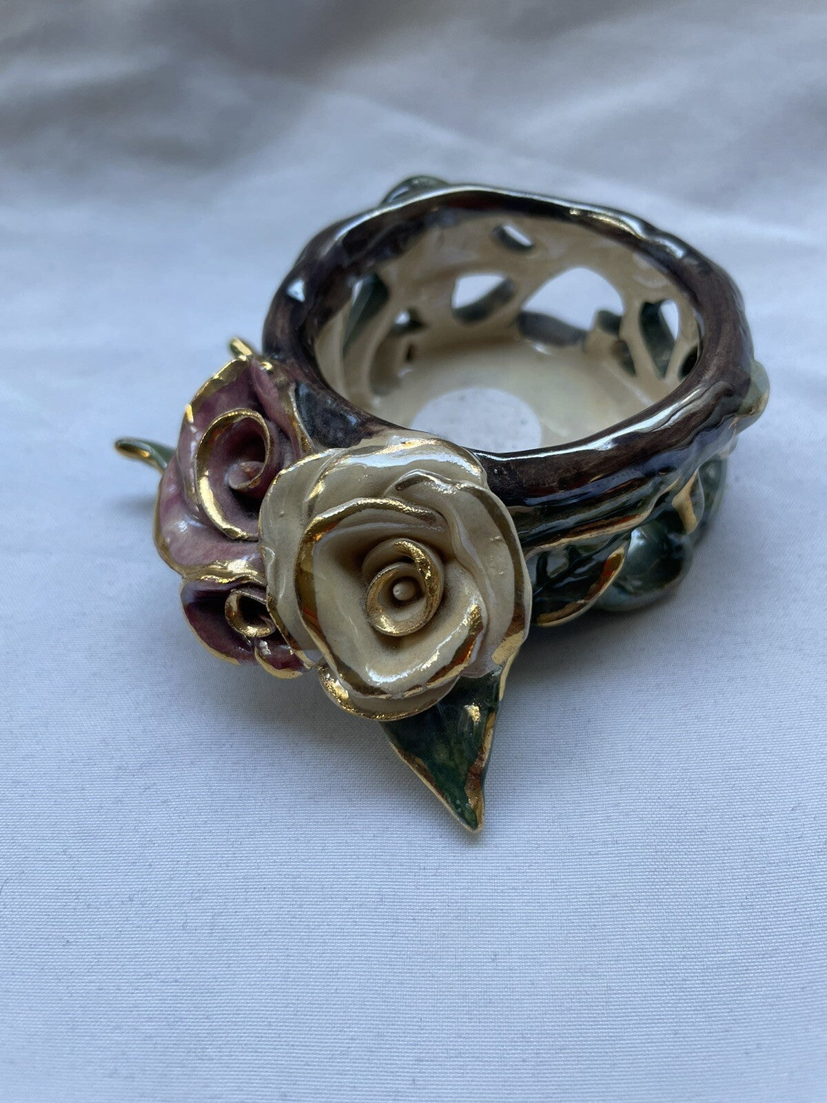 Blue Sky Clayworks Heather Goldminc 2002 Roses & Bird Tealight Holder Ceramic