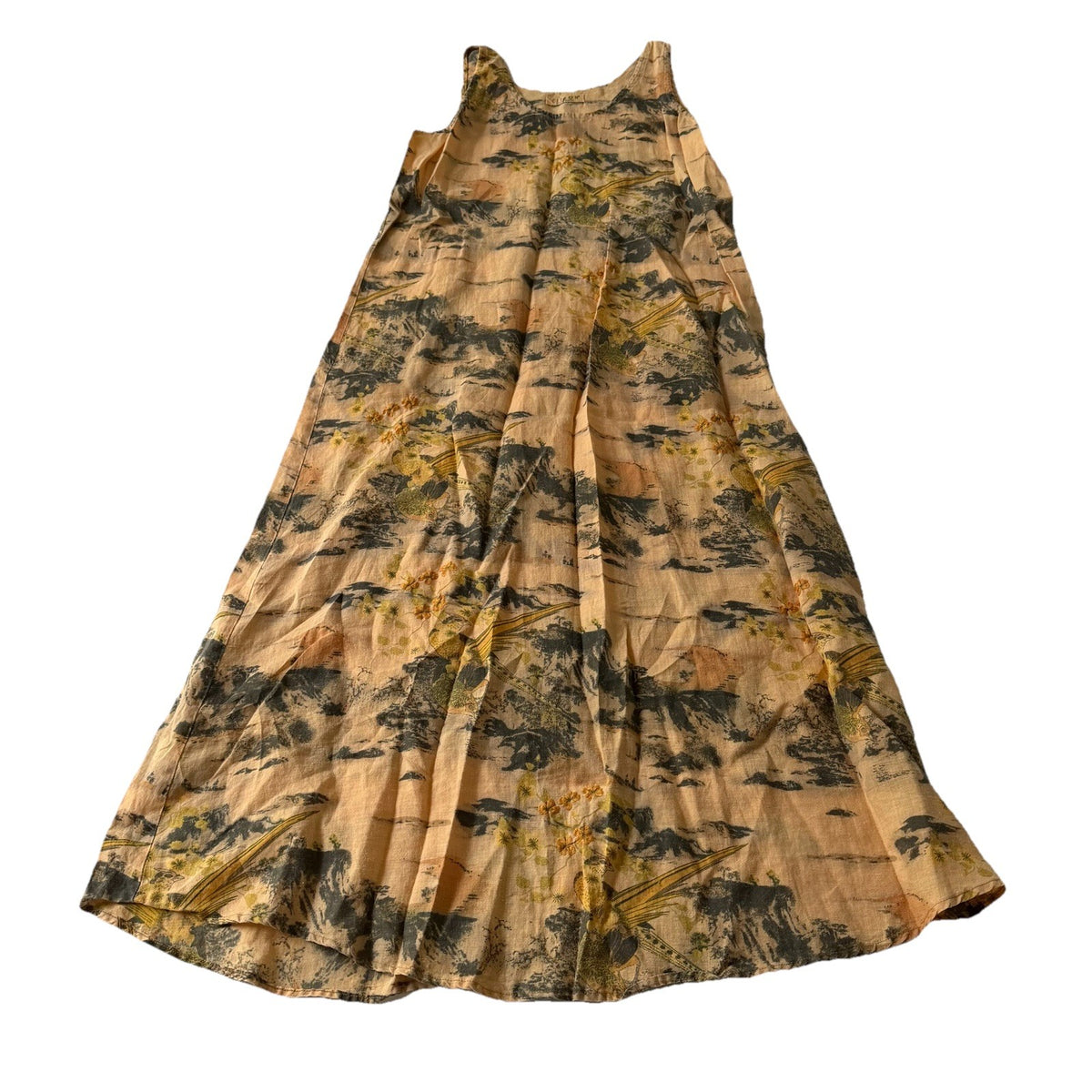 Citron Santa Monica Asian Print Sleeveless Midi Dress Beige Birds Linen Blend