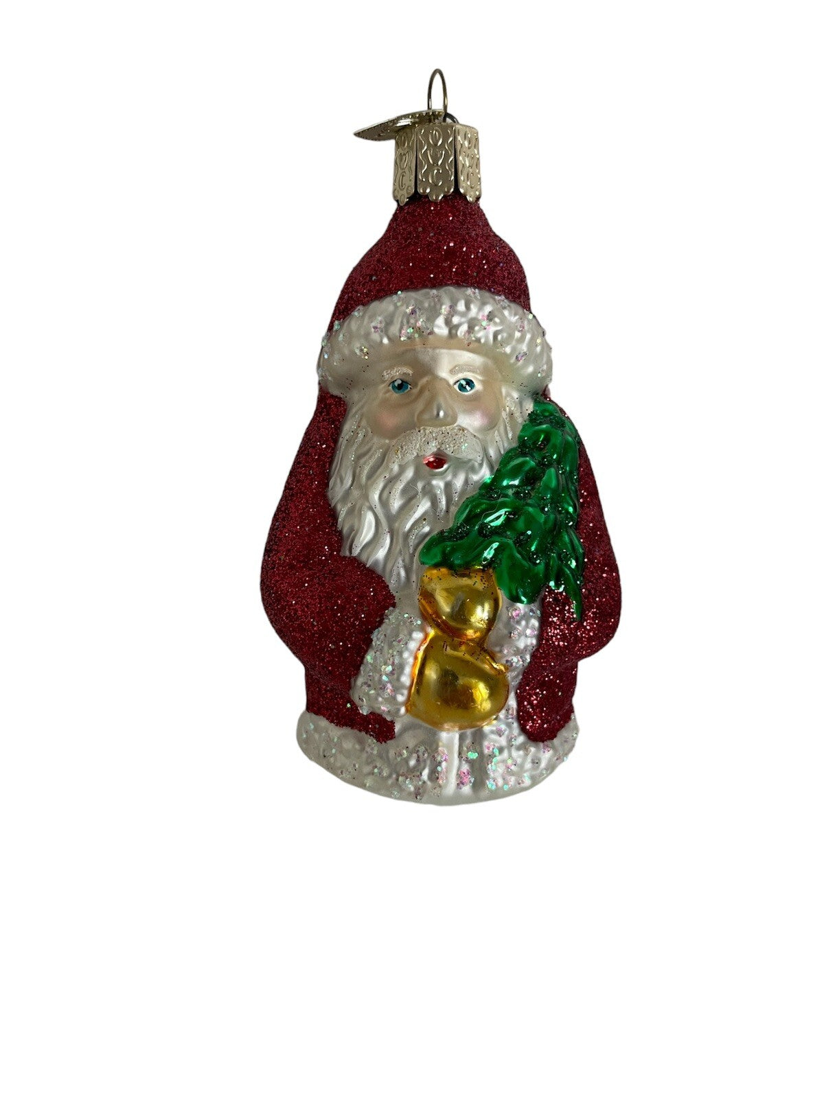 Old World Christmas Red Glitter Santa Holding Tree Ornament 4”