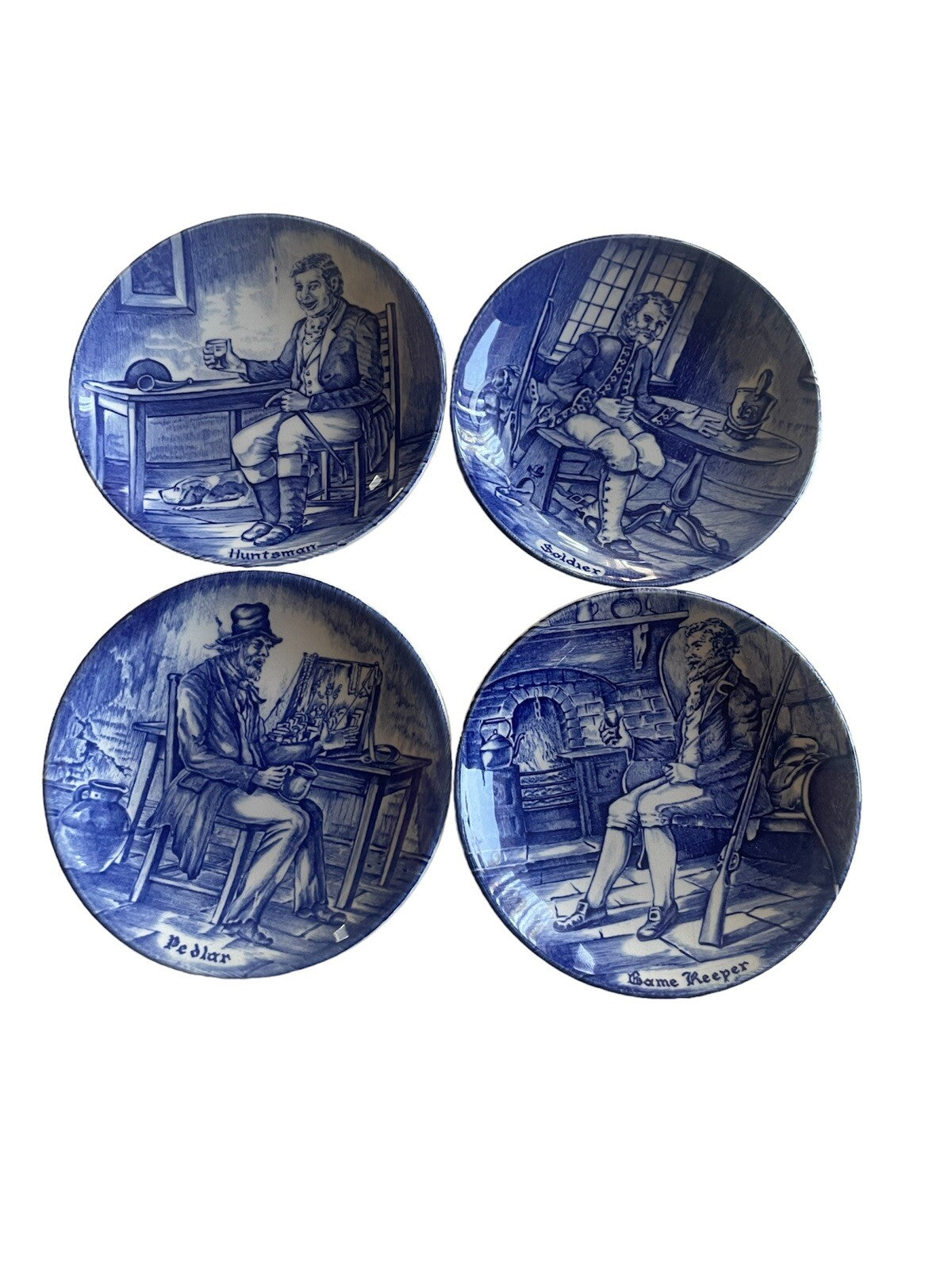 Enoch Wedgwood Tunstall Set 4 Plates 4.25" Soldier/Pedlar/Huntsman/Game Keeper