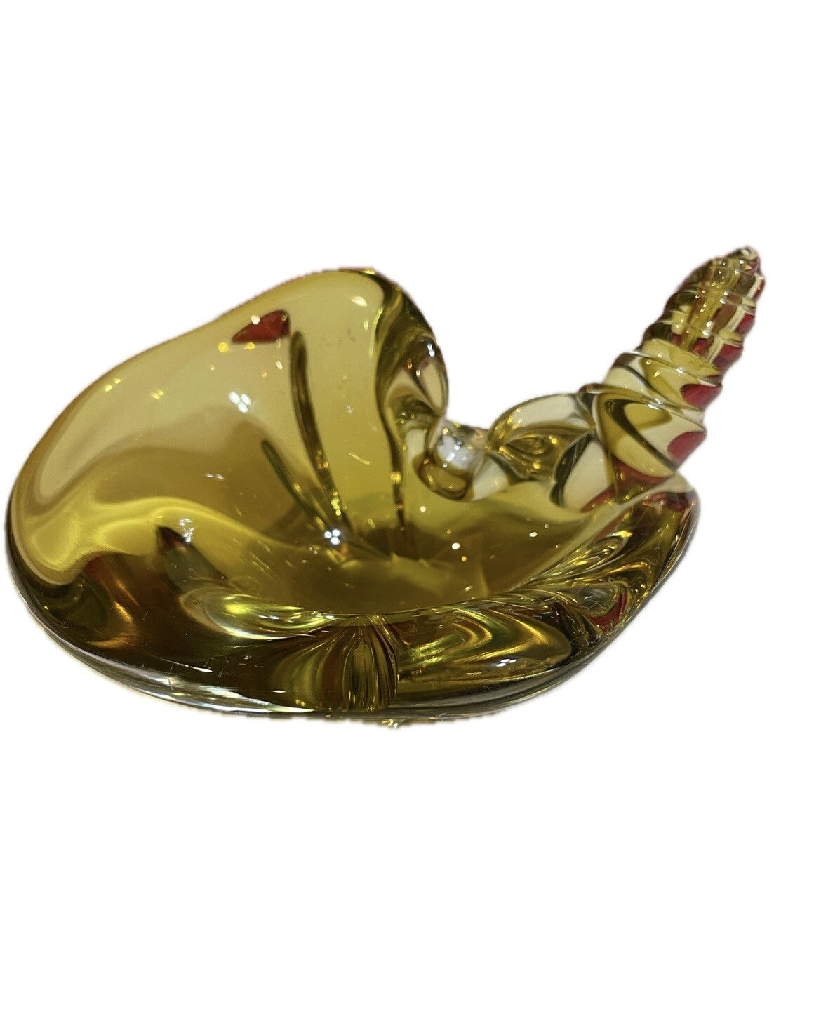 MCM Art Glass Paperweight Seashell Amber / Yellow Hand blown 7”