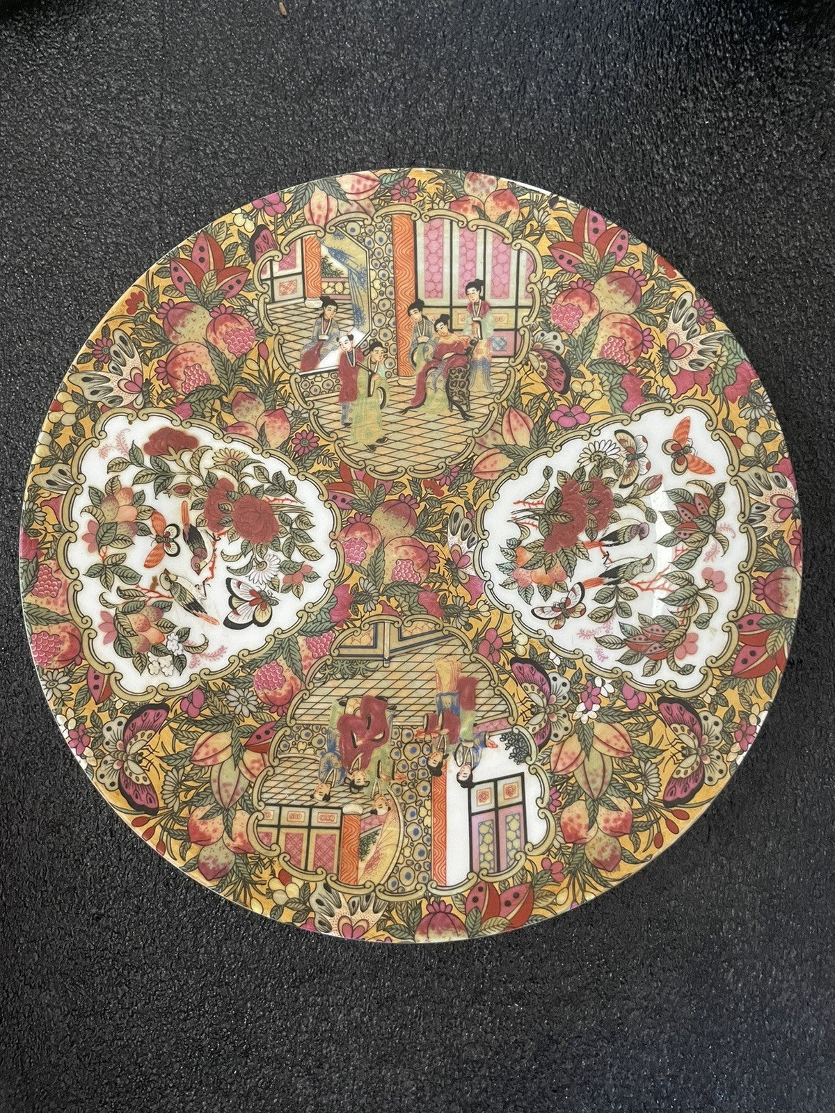 Vintage Chinese Porcelain Plate - Hand-Painted Floral & Figural Design Red Mark
