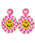 Pink Beaded Smiley Face Heart Dangle Statement Earrings Pair