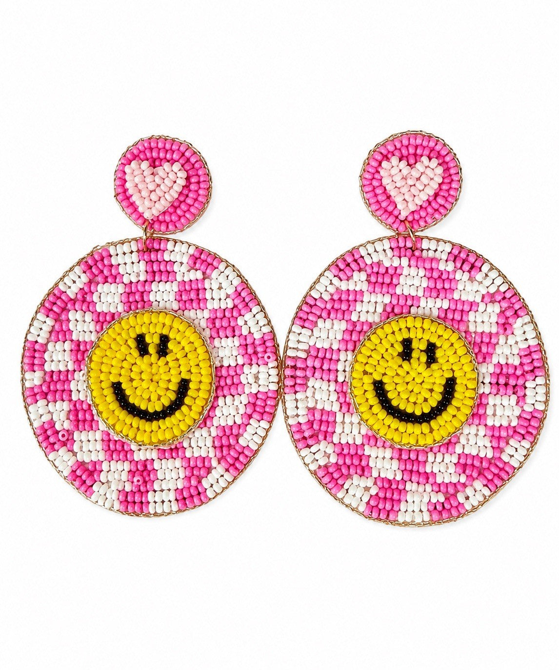 Pink Beaded Smiley Face Heart Dangle Statement Earrings Pair