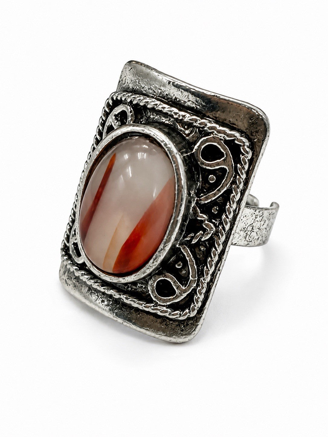 Vintage Agate Statement Ring Size 8 Silver Tone Oval Cabochon Boho Jewelry