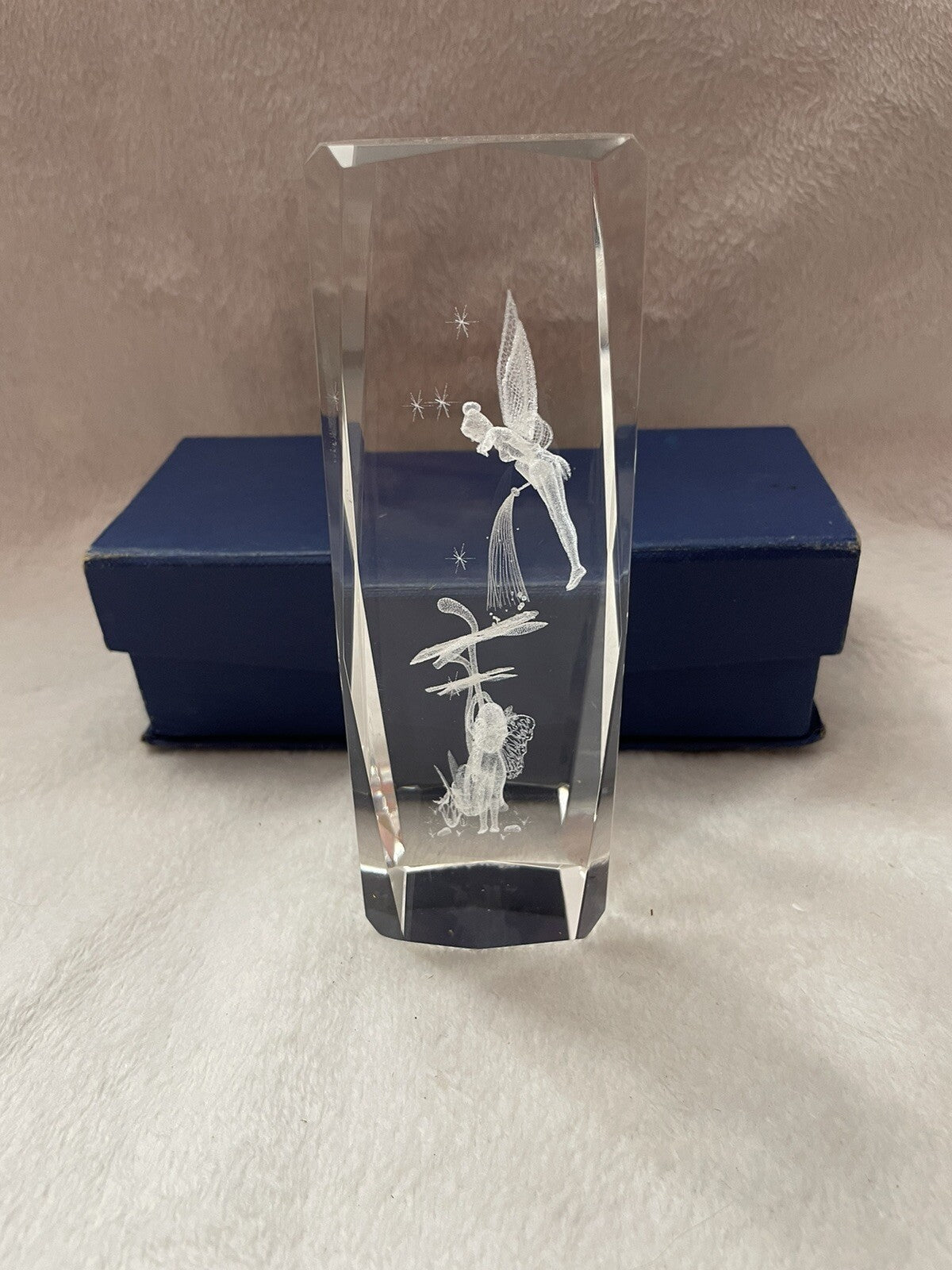 Laser Etched Crystal Glass Paperweight Featuring Fairies Watering Flowers
