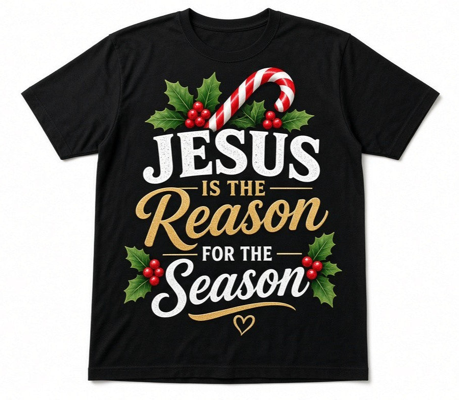 Jesus Is the Reason for the Season Black Christmas T-Shirt Candy Cane