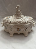 Vintage Ceramic Footed Lidded Dish Jardiniere Reticulated Rococo Floral Design