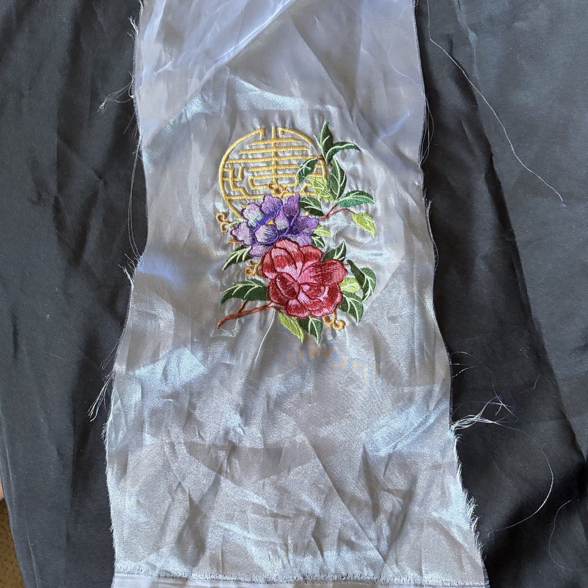 Chinese Floral Embroidered Applique Longevity Symbol Organza Sewing Patch