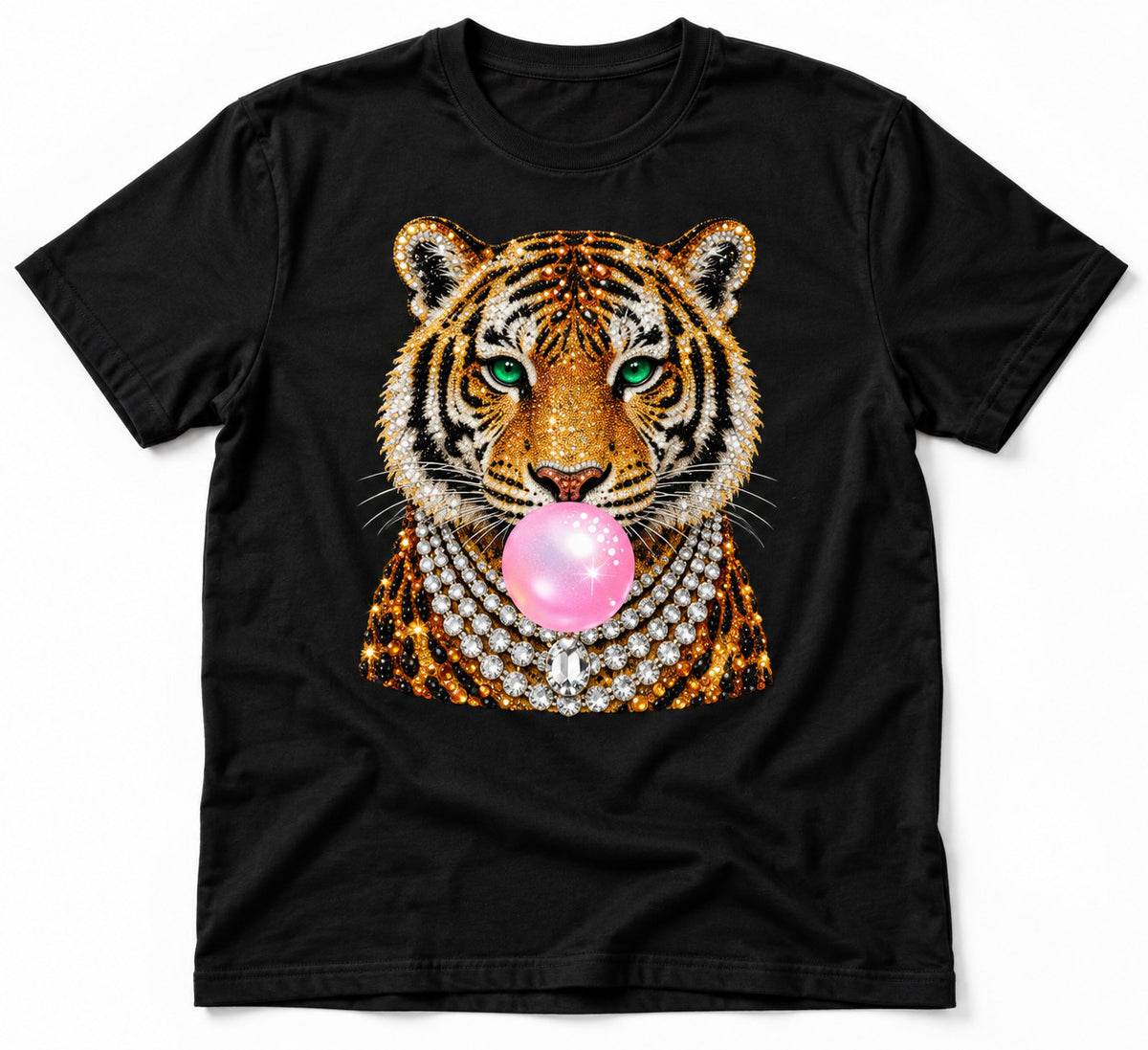 Black Tiger Bubblegum Graphic T-Shirt Sparkle Print Crew Neck Short Sleeve Tee