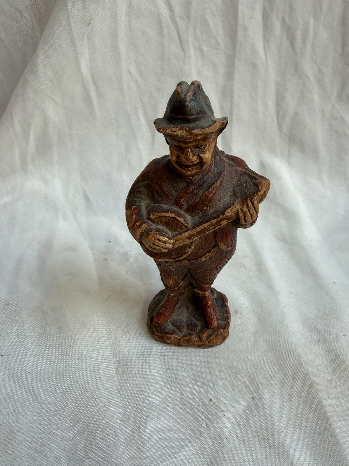 Vintage Folk Art Hand Carved Wood Figurine Old Man Playing Banjo Musician Statue