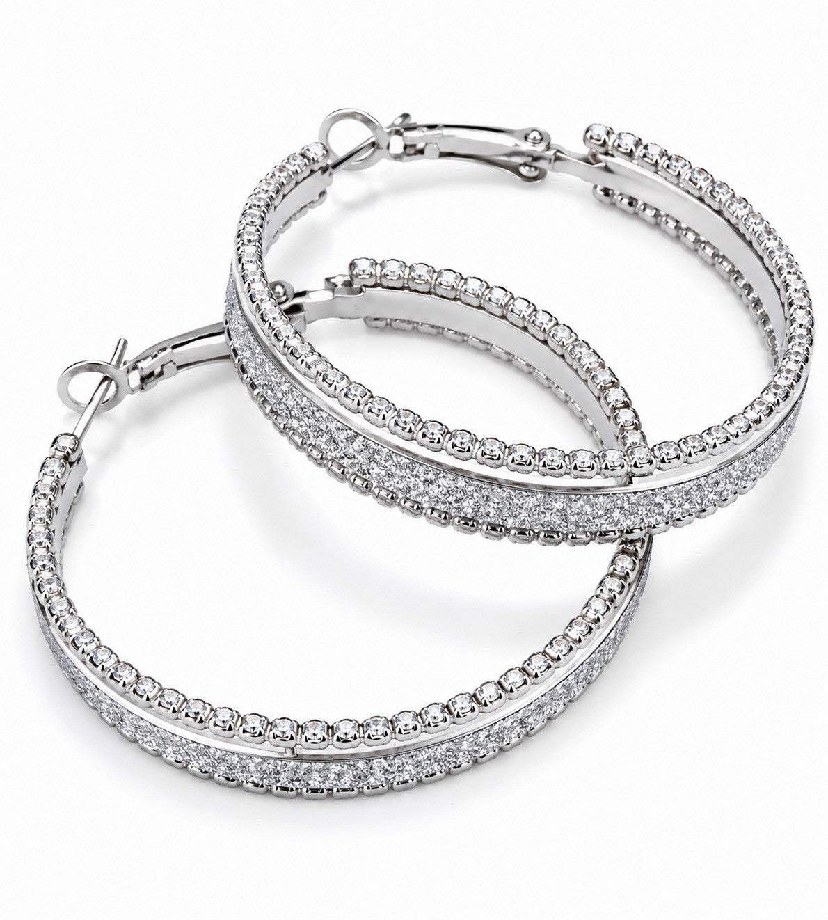 Silver Tone Glitter Hoop Earrings Textured Large Round Statement Fashion