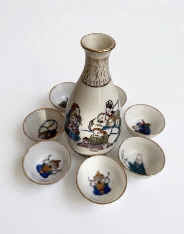 Vtg Japanese Sake Set Seven Lucky Gods Shichifukujin Porcelain Tokkuri w/ Cups